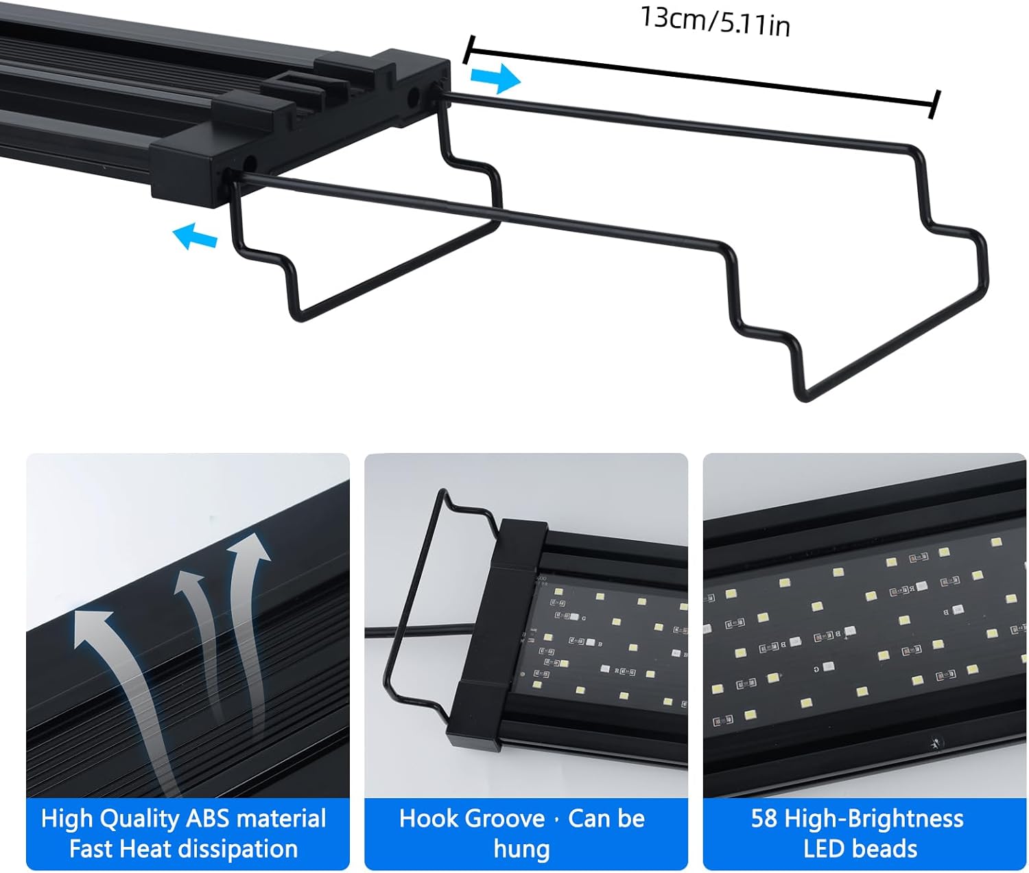 USB LED Aquarium Light for 12–18 Inch Fish Tanks – Timer with Auto On/Off, 10-Level Brightness, White/Blue/Red+White Modes, Extendable Brackets & Hanging Design (No USB Power Adapter)