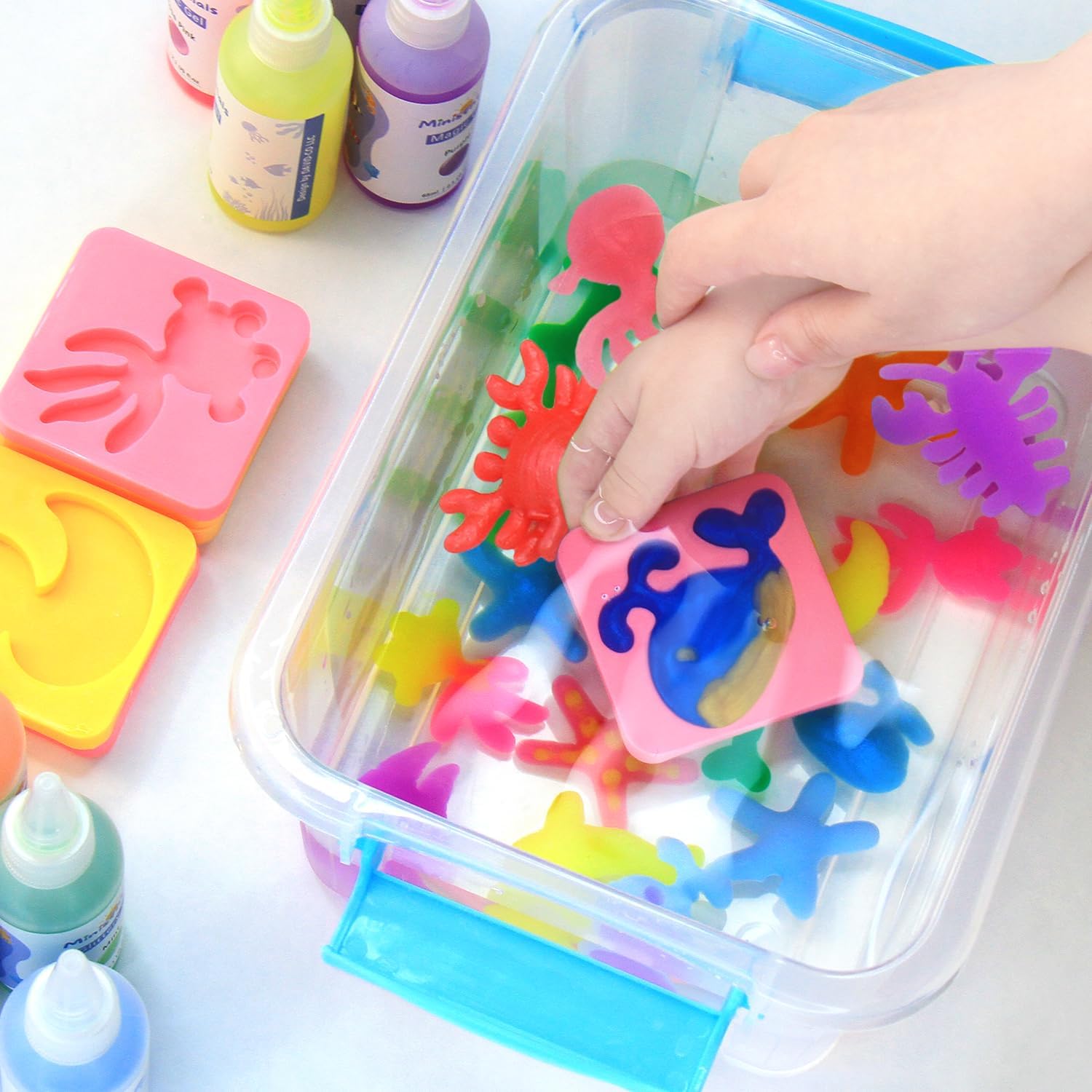 MINISENTIALS Magic Water Elf Toy Kit - 10 Colors Aqua Art Gel 100ml Jumbo Size Famliy Set - 10 Sea Creature Molds Magic Fairy Squishy Maker - Party Favor Birthday Christmas Gift for Kids