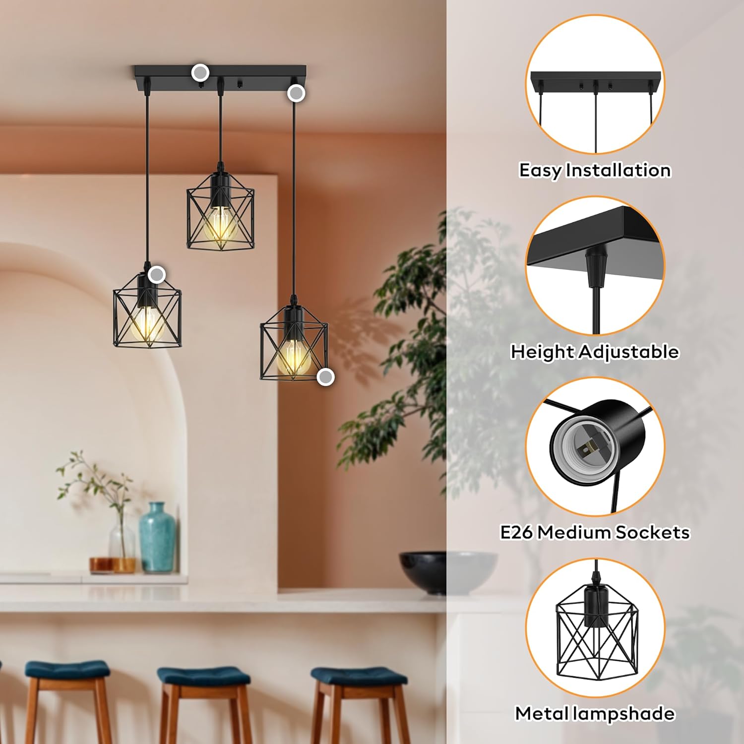 3-Light Pendant Lighting, Farmhouse Hanging Light Fixture for Kitchen Island & Dining Room, Industrial Vintage Ceiling Lamp with E26 Base, Adjustable Height, Matte Black