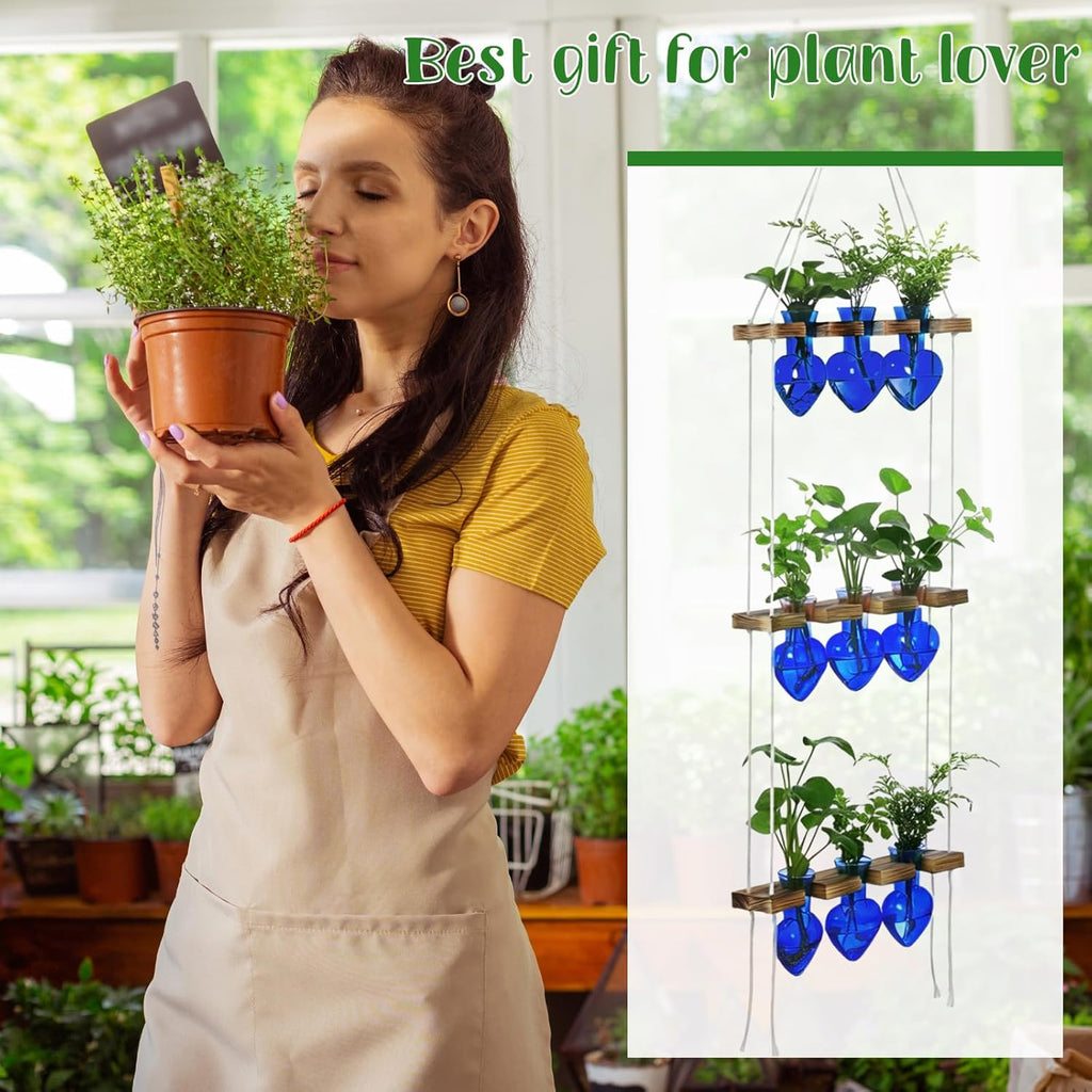 Leinuosen Plant Hanging Propagation Station Wall Hanging Planters Terrarium with 3 Tiered Wooden Stands for Home Garden Decor Hydroponics Plant Lovers Gifts- 9 Glass Vases (Heart Shaped,Blue)