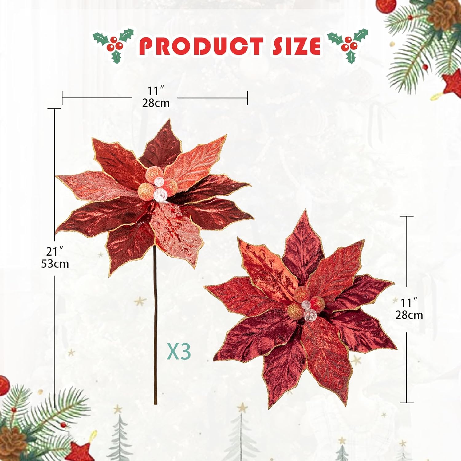 Hollyone 3PCS Poinsettia Christmas Flowers Artificial 11" Large Red Glitter Poinsettia Flowers Christmas Tree Ornaments Floral Picks for Tree Wreath Garland Vase Table Centerpiece Home Decor
