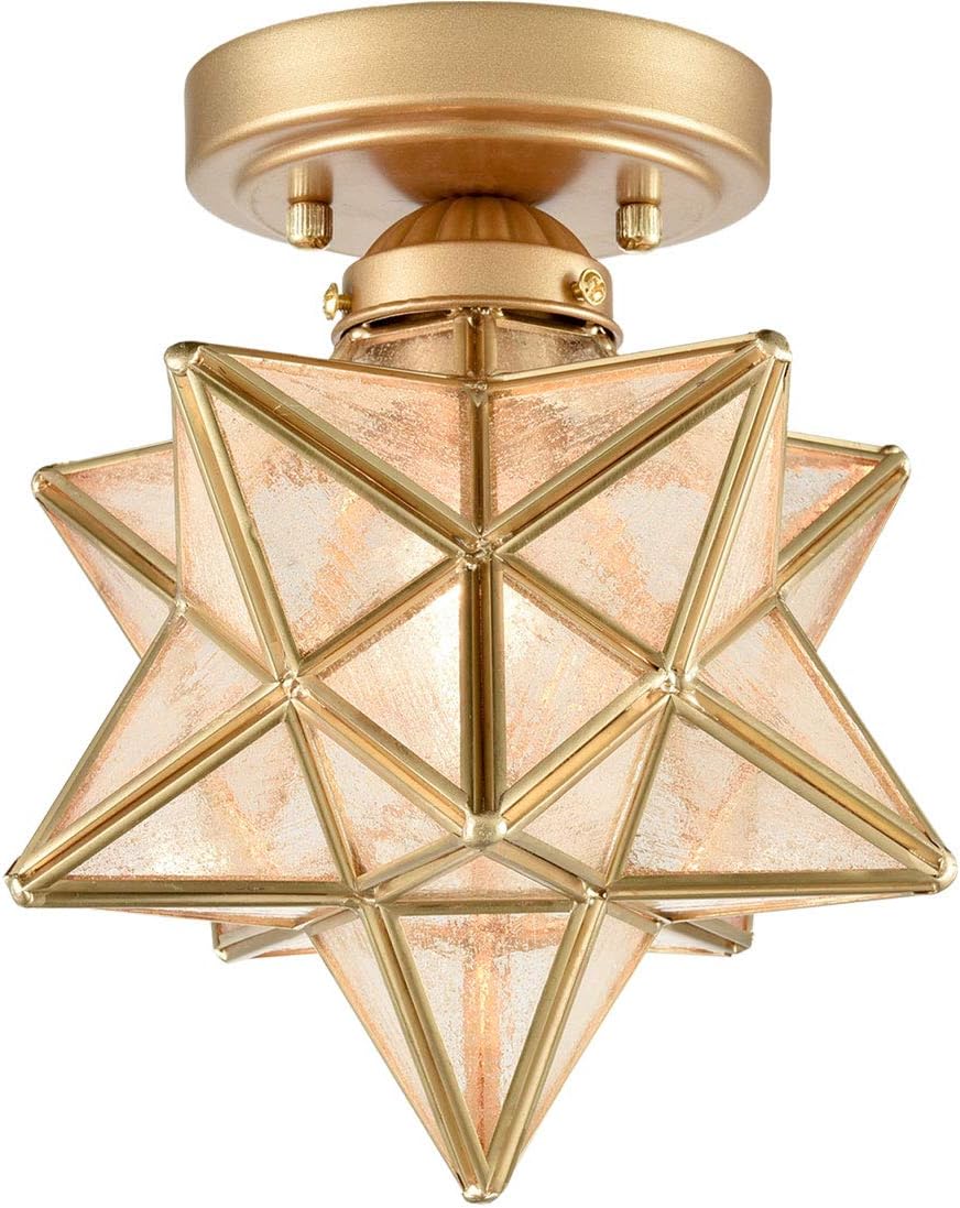 HOLKIRT Brass Modern Moravian Star Ceiling Light Semi-Flush Mount with 8 Inch Seeded Glass