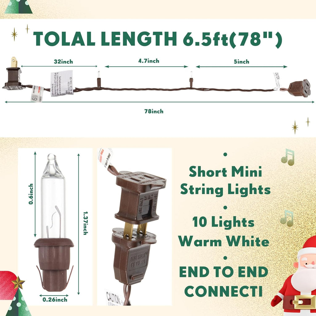 Mini Christmas Lights String Warm White Vintage Short Strand String Lights, Clear Bulbs Wire Fit Light up Christmas Decorations(10 Bulbs Connectable,6.5ft,Brown)