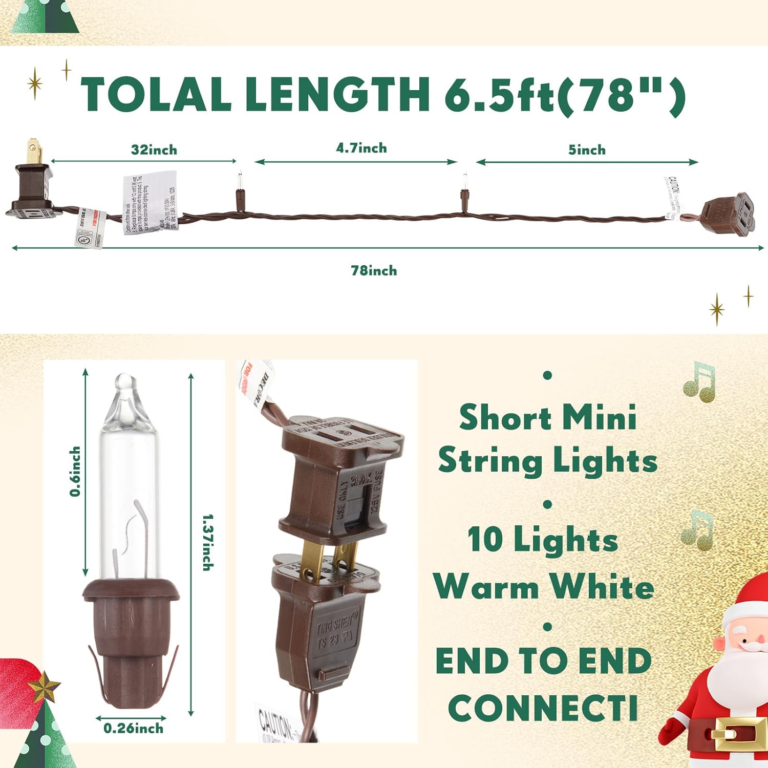 Mini Christmas Lights String Warm White Vintage Short Strand String Lights, Clear Bulbs Wire Fit Light up Christmas Decorations(10 Bulbs Connectable,6.5ft,Brown)