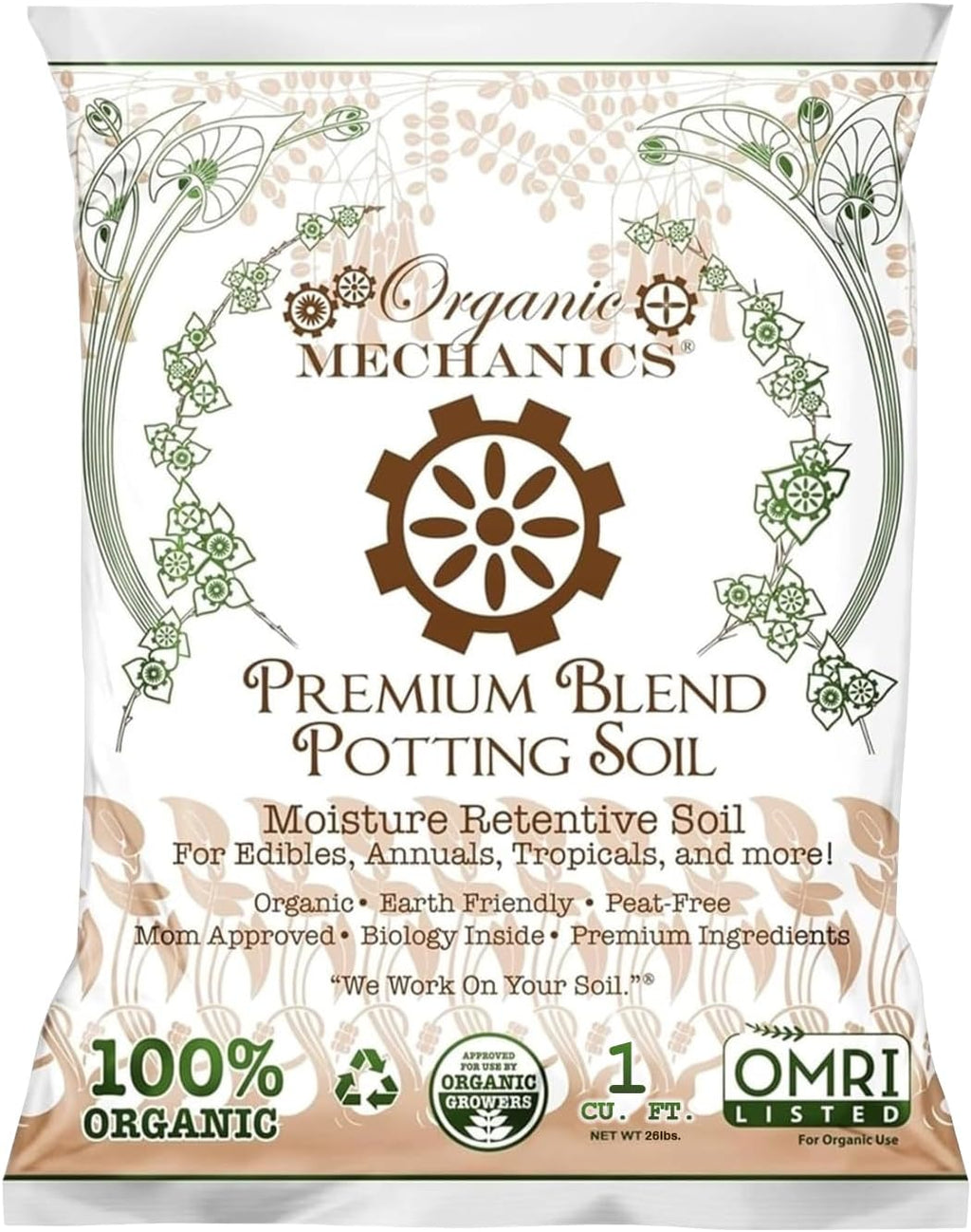Organic Mechanics Premium Blend Potting Soil, 1 Cu Ft - Moisture-Retentive, Peat-Free, Compost - Enriched Mix with Worm Castings & Perlite for Houseplants, Annuals, Veggies & Tropical Plants