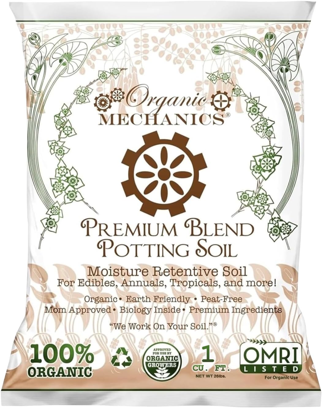 Organic Mechanics Premium Blend Potting Soil, 1 Cu Ft - Moisture-Retentive, Peat-Free, Compost - Enriched Mix with Worm Castings & Perlite for Houseplants, Annuals, Veggies & Tropical Plants