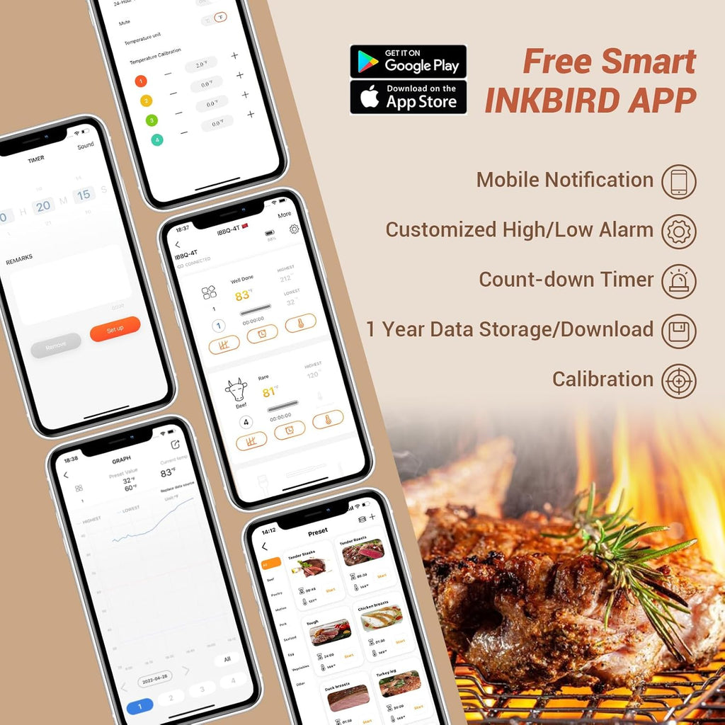 INKBIRD WiFi Meat Thermometer IBBQ-4T, Wireless WiFi BBQ Thermometer for Smoker, Oven | APP Calibration Temp Graph | Mobile Notification Timer Alarm | Rechargeable Digital Grill Thermometer, 4 Probes