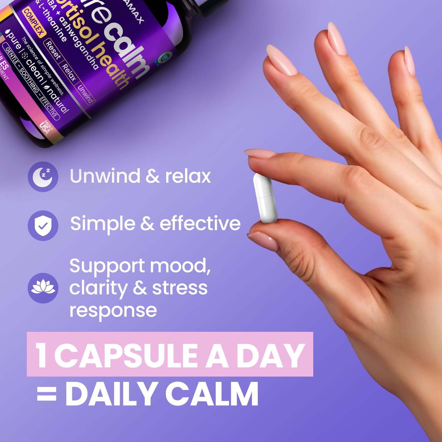 Vitamax Pure Calm Cortisol Supplements for Women - L Theanine, Ashwagandha, GABA for Relaxation, Mood & Stress Support with Ginkgo Biloba, Bacopa Monnieri, 5-HTP – Non-GMO, Made in USA – 60ct