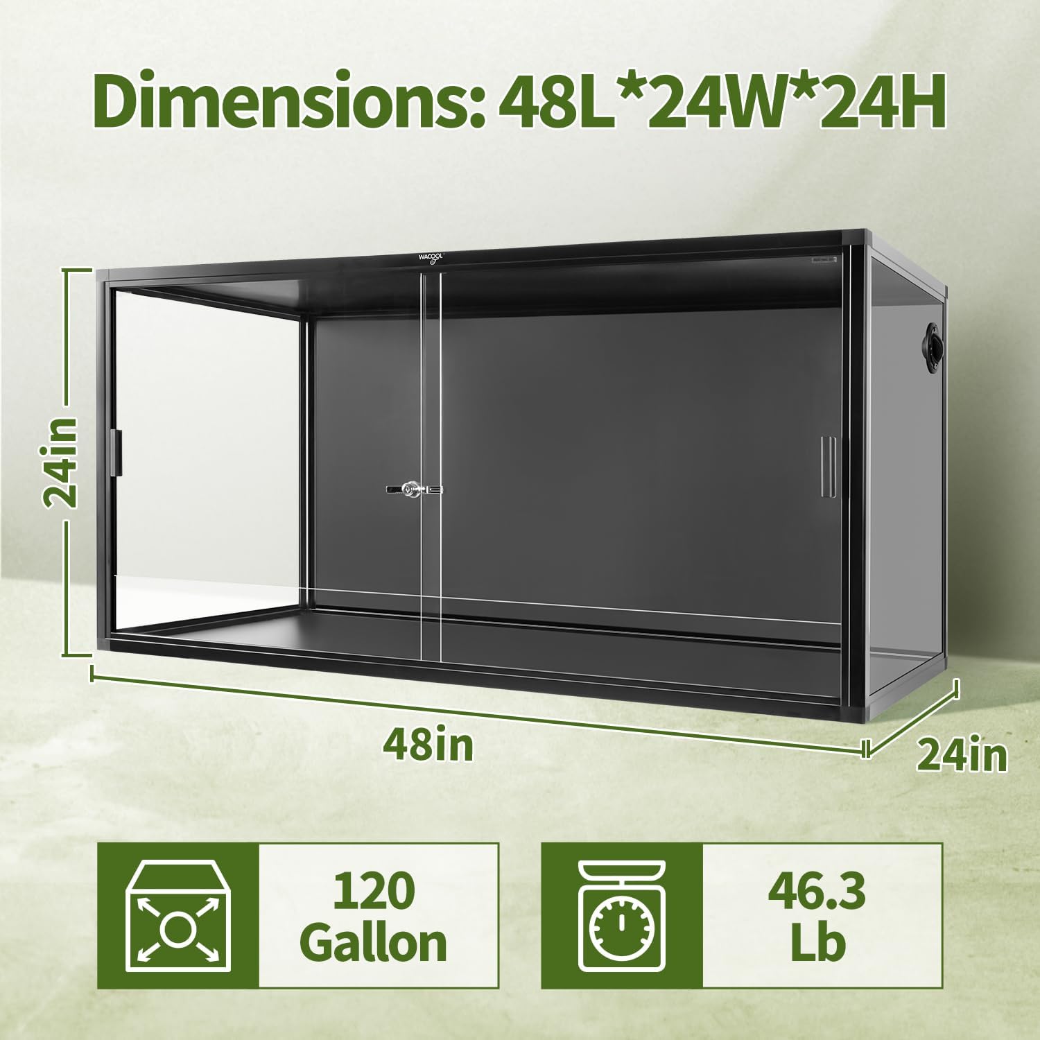 120 Gallon Reptile Tank, Large Terrarium for Bearded Dragons, Snakes, Leopard Geckos, Sliding Door & Top Ventilation, 48" x 24" x 24" Easy-to-Maintain Reptile Enclosure