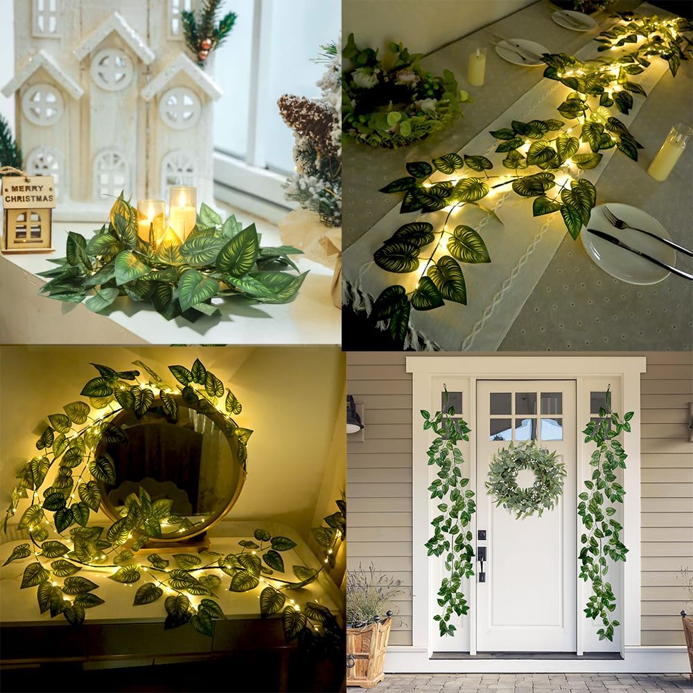 6.56FT Green Vines Garland with Lights 96 LED Battery Operated with Timer Faux Photos Vines Twig with Lights Spring Garlands Decortions for Mantel Fireplace Table Wall Patio Wedding Holiday Home Decor