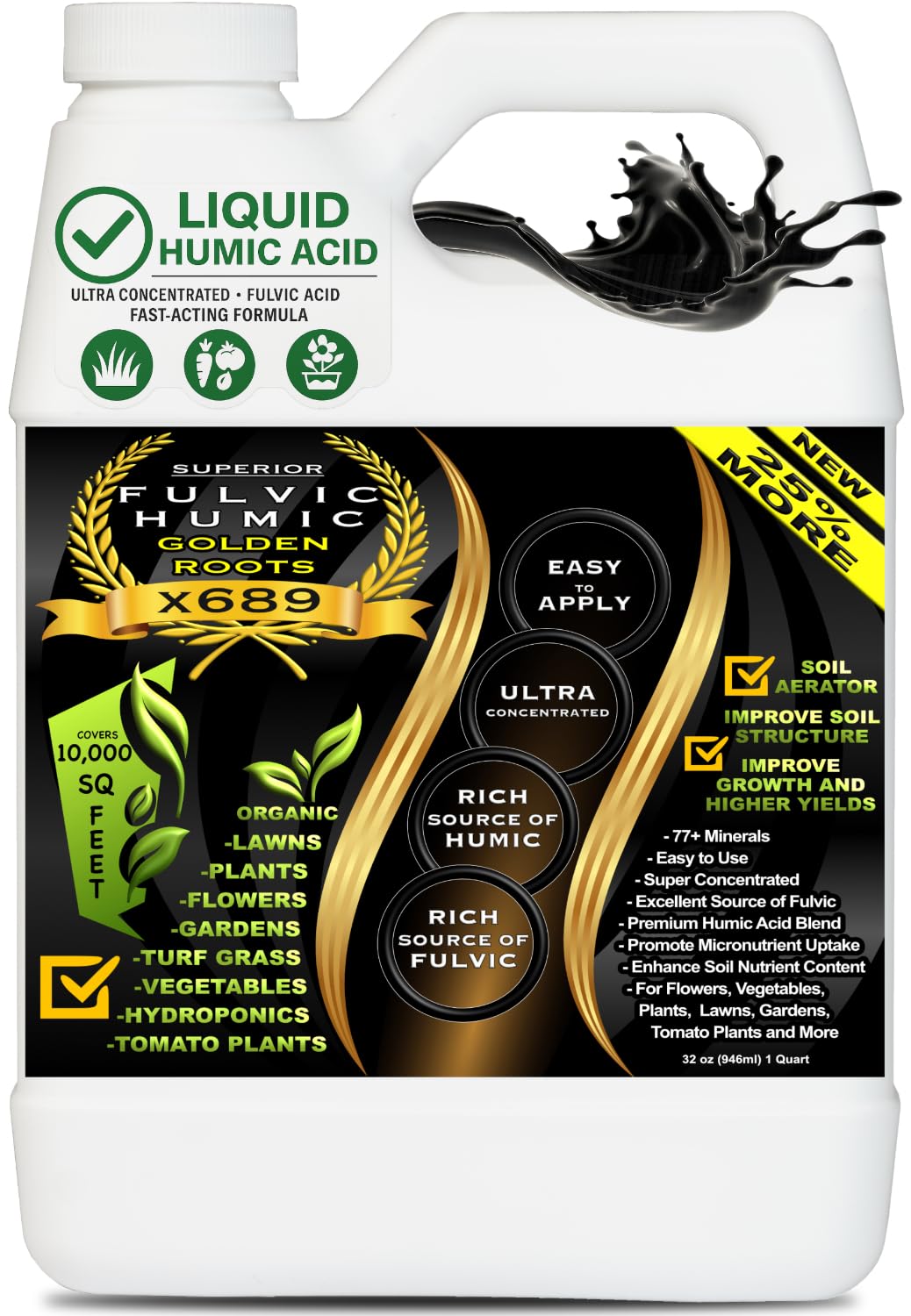 Humic Acid & Fulvic Acid Liquid Concentrate - 10,000 sq ft - Organic Plant Food Enhancer for Lawn, Plants, Turf Grass & Garden Soil