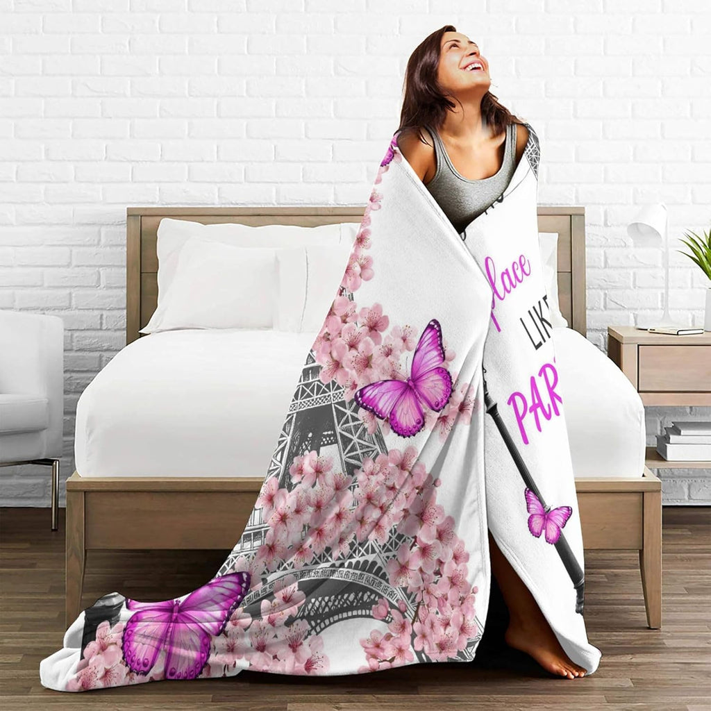 Eiffel Tower Throw Blanket French Paris Cherry Blossoms Print Throw Blankets Gifts for Couch Sofa Bed Stuff Decor Soft Cozy Fleece Plush Flannel Bedding for Lover Men Women Boys Girls 60"x80"