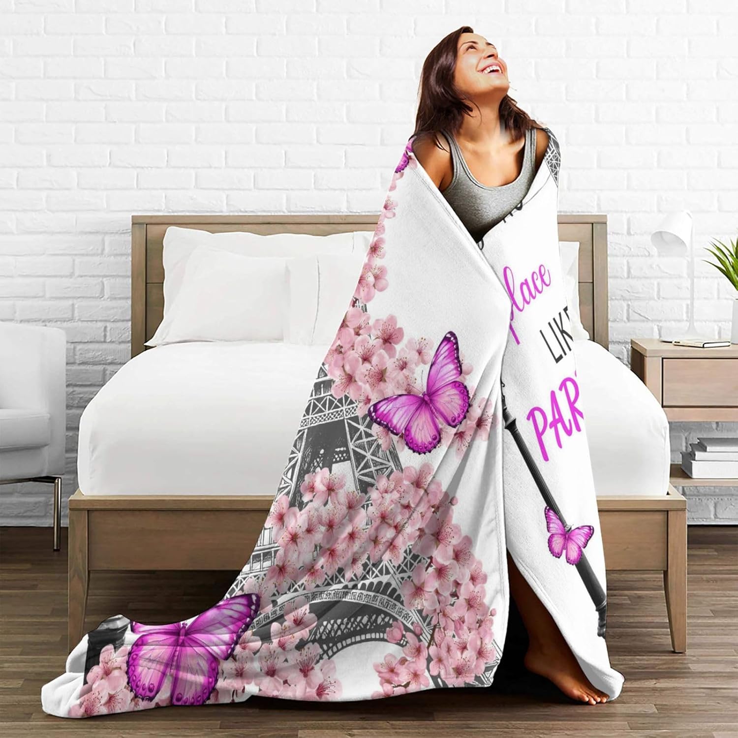 Eiffel Tower Throw Blanket French Paris Cherry Blossoms Print Throw Blankets Gifts for Couch Sofa Bed Stuff Decor Soft Cozy Fleece Plush Flannel Bedding for Lover Men Women Boys Girls 50"x60"