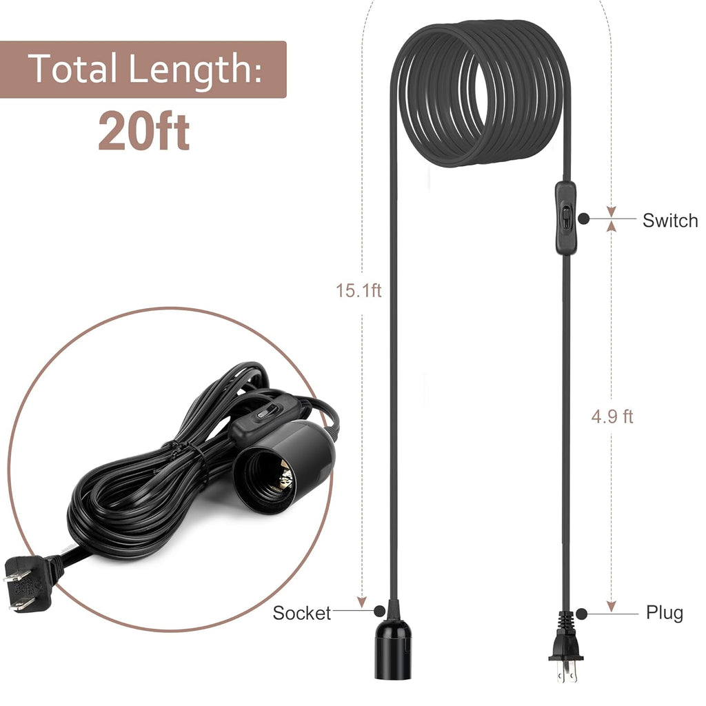 JACKYLED UL-Listed 20Ft Extension Hanging Lantern Cord Cable 2-Pack JACKYLED 360W with E26 E27 Socket On/Off Button Pendant Lighting(Black)