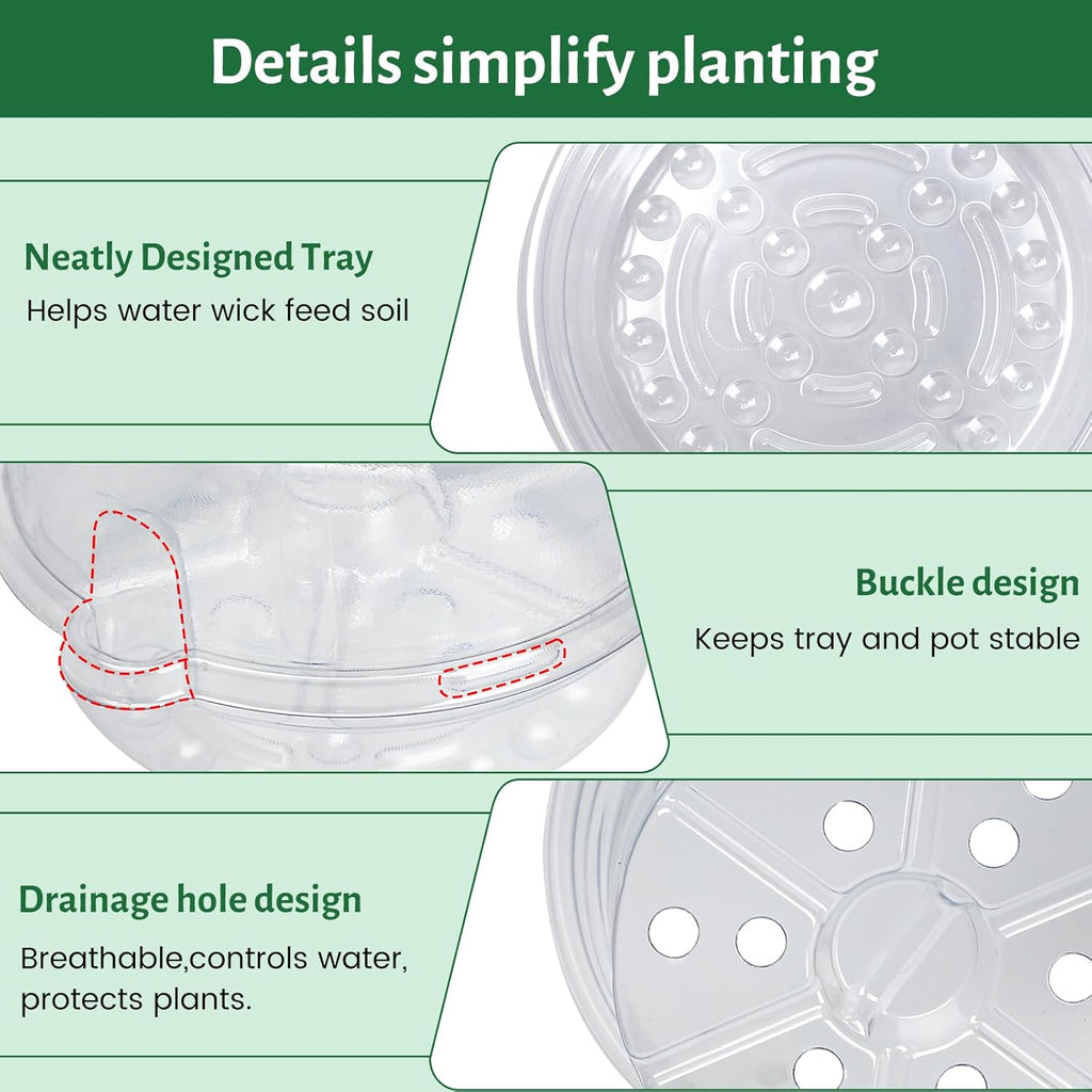12 Pack 6.5 Inch Clear Self Watering Plant Pots with Bottom Water Tray & Watering Rope, Transparent Nursery Pots with Drainage for Seedlings, Herbs, and Houseplants