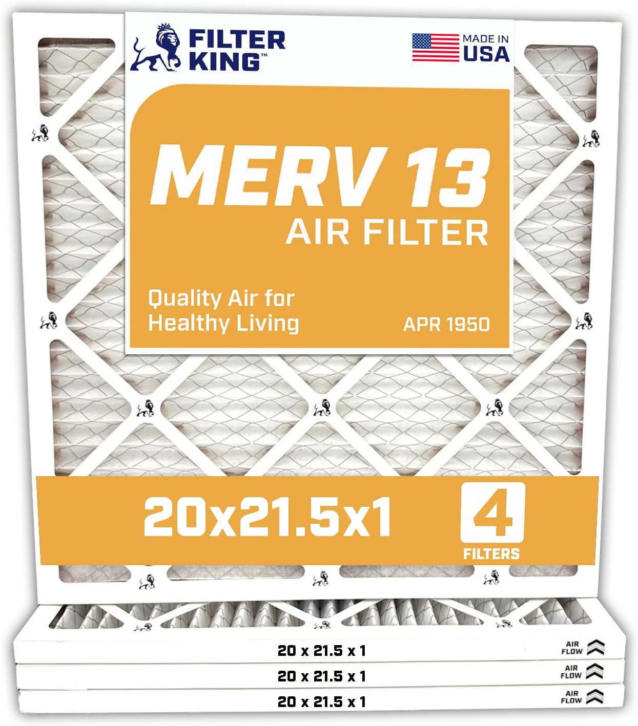Filter King 20x21.5x1 Air Filter | 4-PACK | MERV 13 HVAC Pleated A/C Furnace Filters | MADE IN USA | Actual Size: 20 x 21.5 x .75"