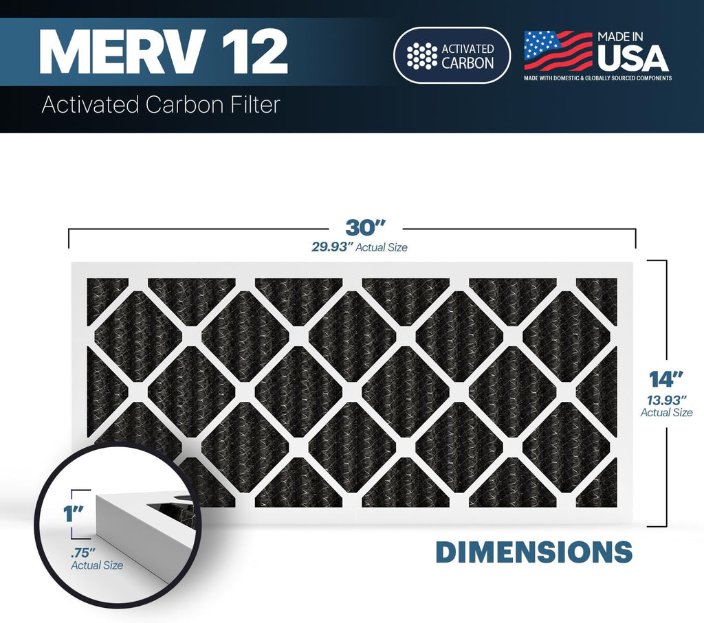 BNX TruFilter 14x30x1 MERV 12 Odor Defense (4-Pack) AC Furnace Air Filter with Activated Carbon - MADE IN USA - Pleated Air Conditioner HVAC AC Furnace Filters - Removes Odor, Mold, Bacteria, Smoke