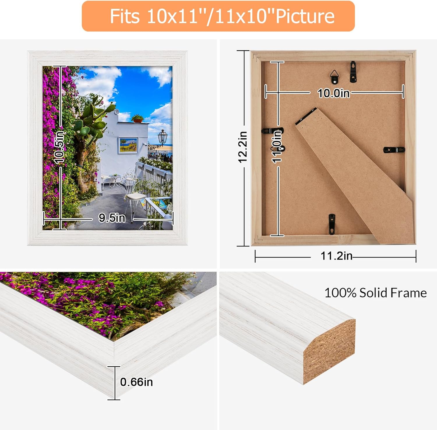 10x11 Wood Frame White, Natural Woodgrain 11x10in Picture Frame, Rustic Wooden 10 x 11 inch Gallery Photo Poster Frame with HD Plexiglass, Horizontal Vertical Wall Mounting Tabletop Display 1Pcs