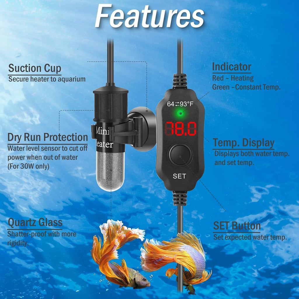 Mini Aquarium Heater 10W Super Small Fish Tank Heater with Digital Display Thermostat, Betta Tank Heater Turtle Heater Small Aquarium Heater for 1-2 Gallon Tanks