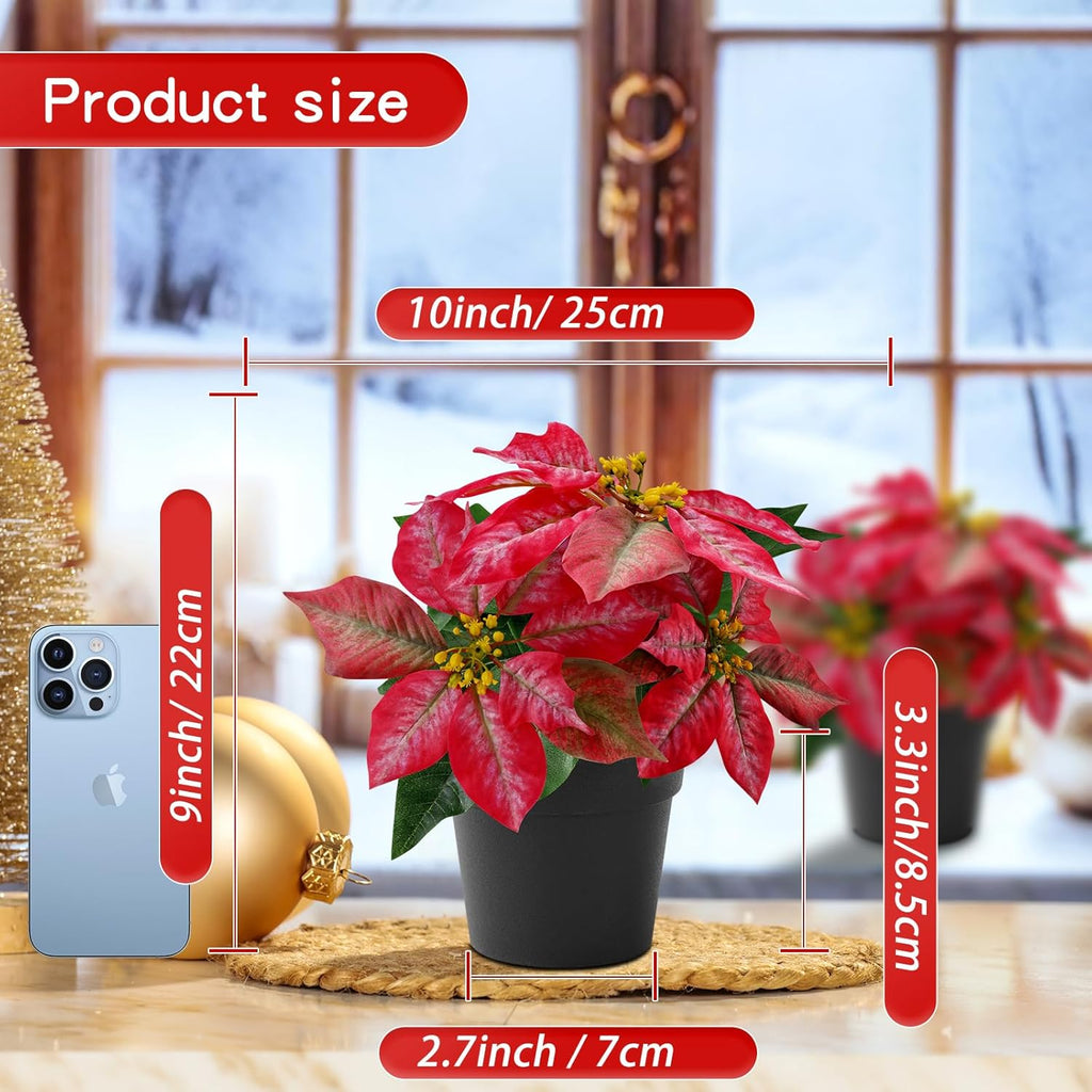 2 Pack Poinsettias Artificial Christmas Flowers Small Poinsettia Plant Artificial 9 Inch Teas Red Faux Winter Flowers for Porch Home Garden Decorations Indoor Outdoor Xmas Ornament