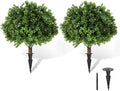 LadyRosian Artificial Boxwood Topiary Tree, 25 Inch 2 Set Outdoor Faux Boxwood Bush Plants,Indoor Ball Trees with Ground Spike, Fake Potted for Home Front Porch Decor Outside Garden