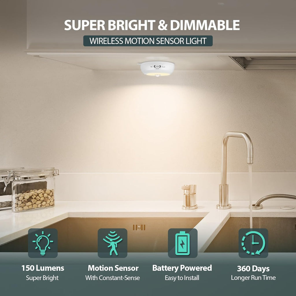 BLS 3.3” Motion Sensor Light Indoor AA Battery Powered, Under Cabinet Lighting Battery Operated, Magnetic Stick on LED Puck Nights Lights for Kitchen, Wall, Stair, Dimmable, 3000K Warm White (3 Pack)