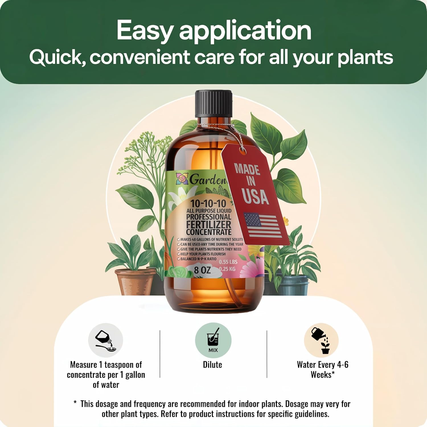 Gardenera Premium 10-10-10 All Purpose Liquid Plant Food - Professional Grade Garden Fertilizer Concentrate for Lawns, Trees, Plants, Vegetables, Fruits & Flowers - Makes 48 Gallons - (8 OZ)