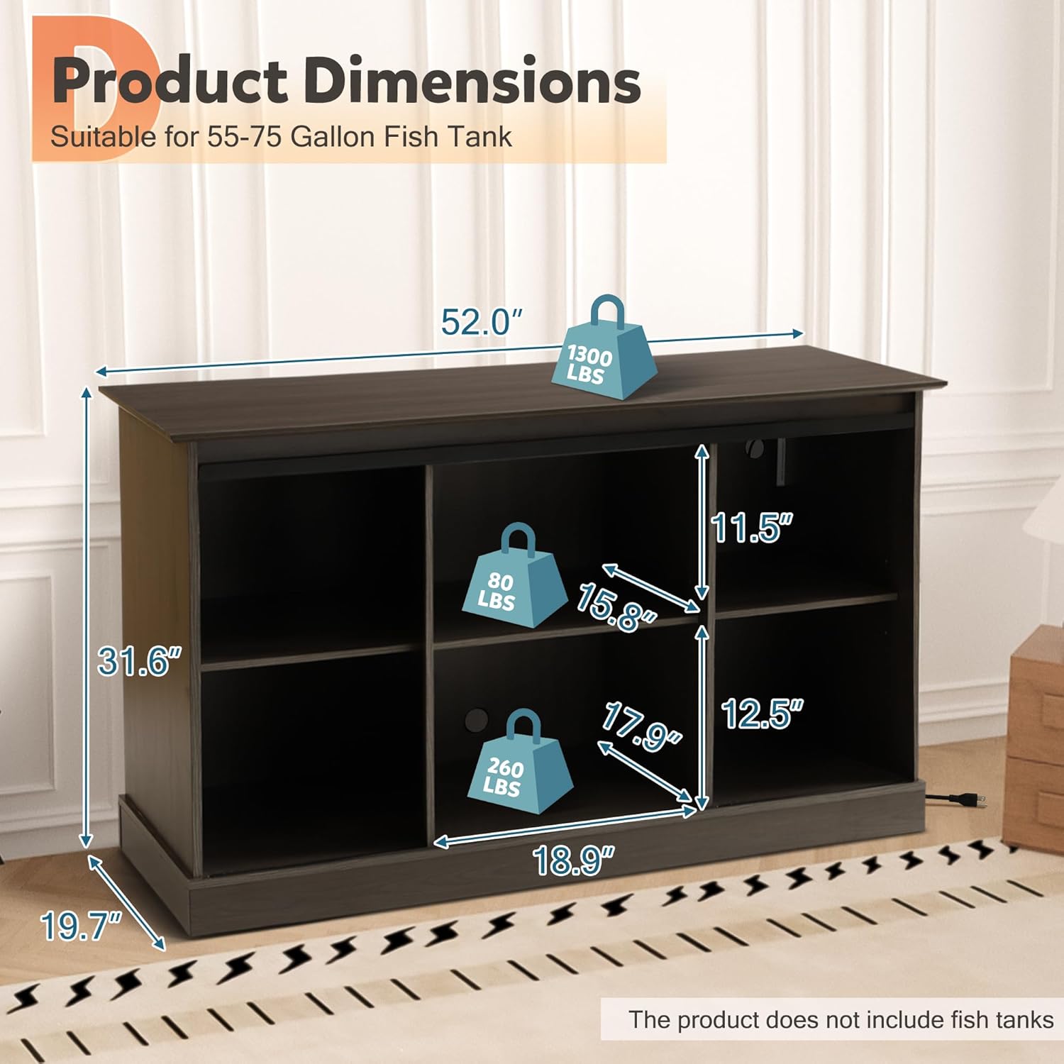 Fish Tank Stand with Power Outlet, Aquarium Stand w/Sliding Barn Doors, 55-75 Gallon Fish Tank Stand w/Cabinet for Accessories Storage for 2 Fish Turtle Tank Reptile Terrarium, 1000 LBS (Gray)
