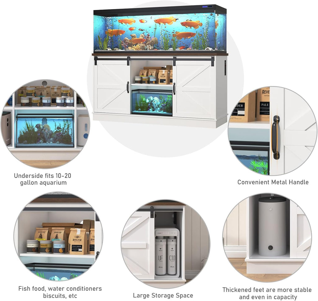 Farmhouse 75-120 Gallon Fish Tank Stand with Power Outlet, Aquarium Stand w/Cabinet&Sliding Barn Door, Heavy Duty Reptile Tank Stand for Fish/Turtle/Reptile Terrarium, 1000LB Capacity, White