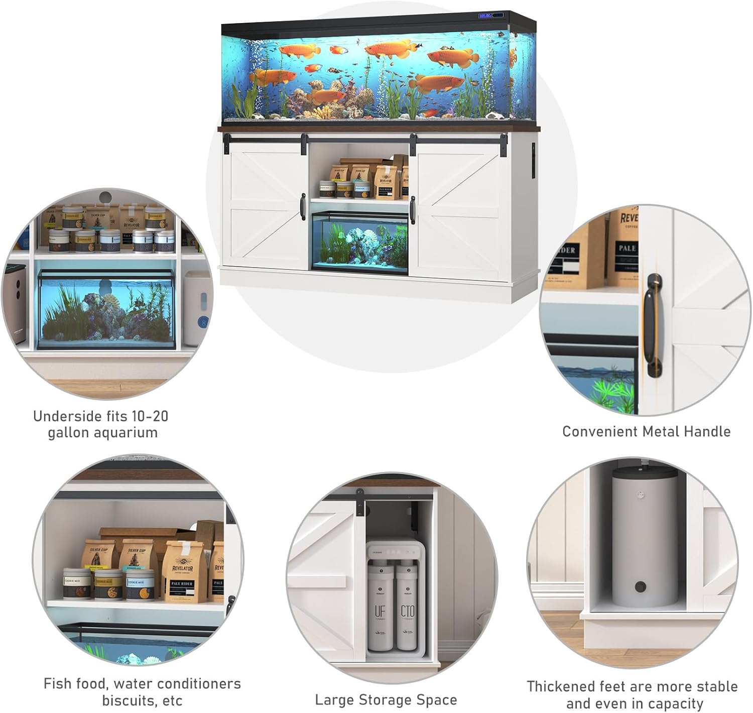 Farmhouse 75-120 Gallon Fish Tank Stand with Power Outlet, Aquarium Stand w/Cabinet&Sliding Barn Door, Heavy Duty Reptile Tank Stand for Fish/Turtle/Reptile Terrarium, 1000LB Capacity, White