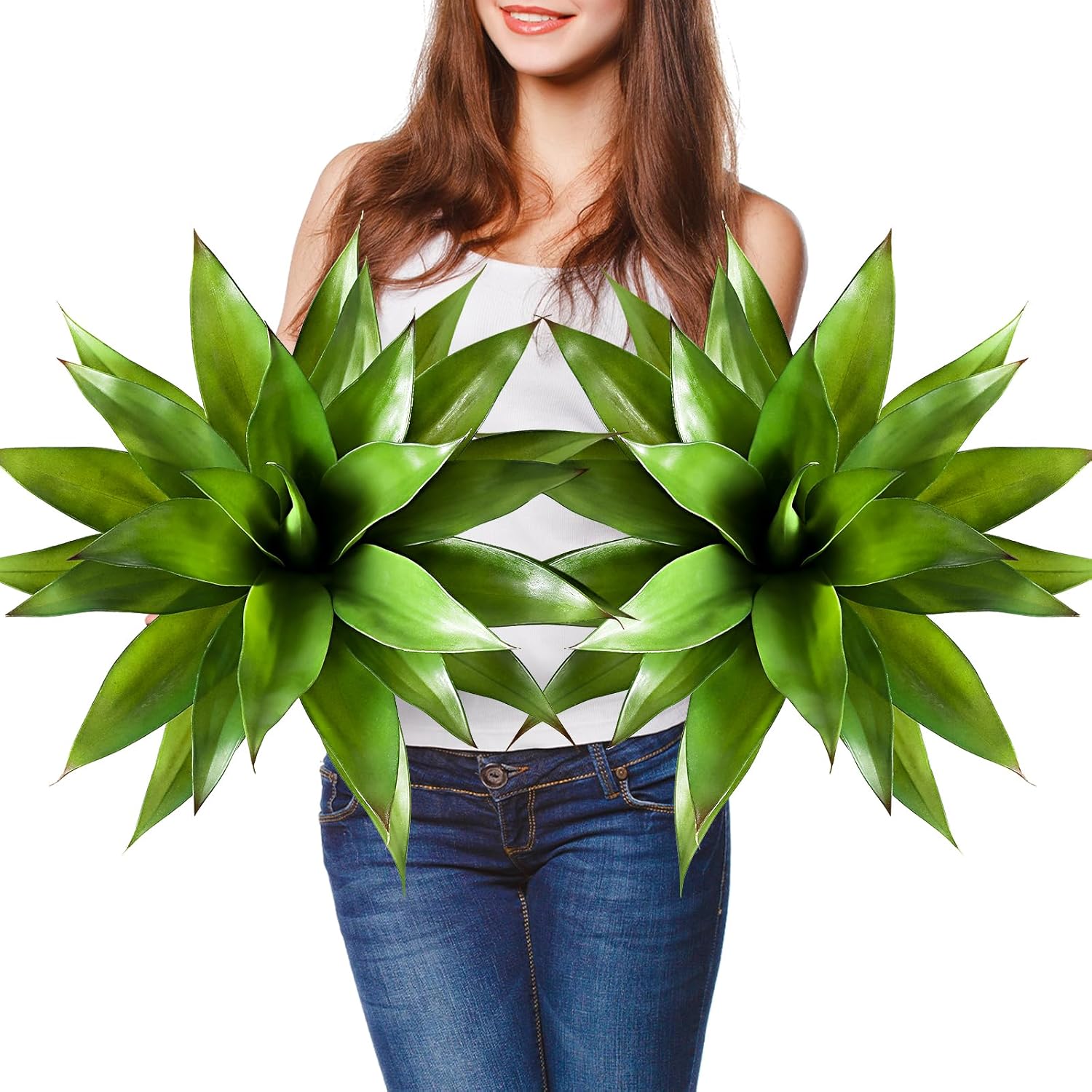 JUSTOYOU 28" Artificial Agave Plants Outdoor Large Fake Agave Plants Faux Succulents for Outdoor Indoor Home Front Porch Decor (2, Green)