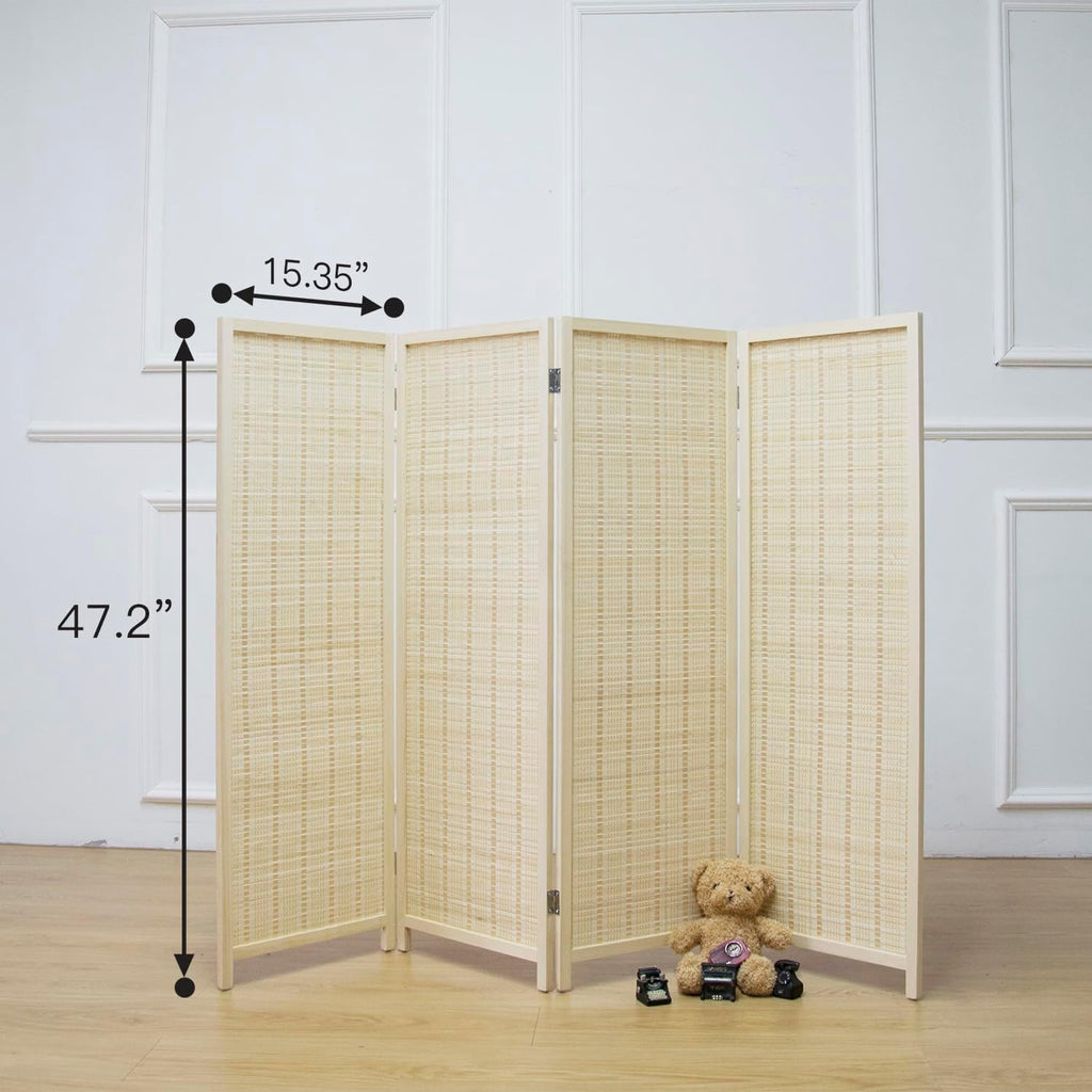 4 Panel Room Divider Short Folding Screen Divider,Double Sided Bamboo Divider Screen for Room Separation,Beige,47.2" H x 61.4" W