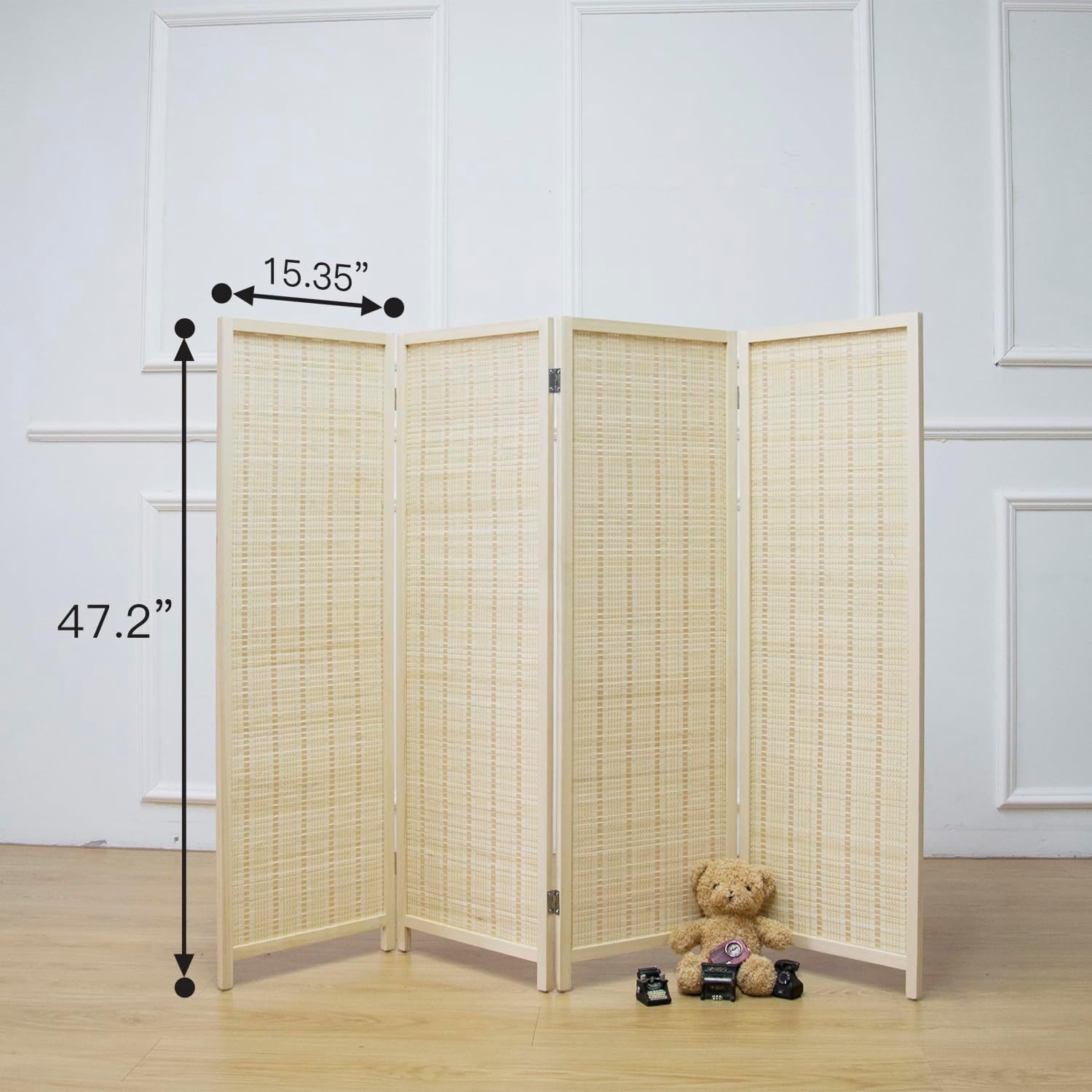 4 Panel Room Divider Short Folding Screen Divider,Double Sided Bamboo Divider Screen for Room Separation,Beige,47.2" H x 61.4" W