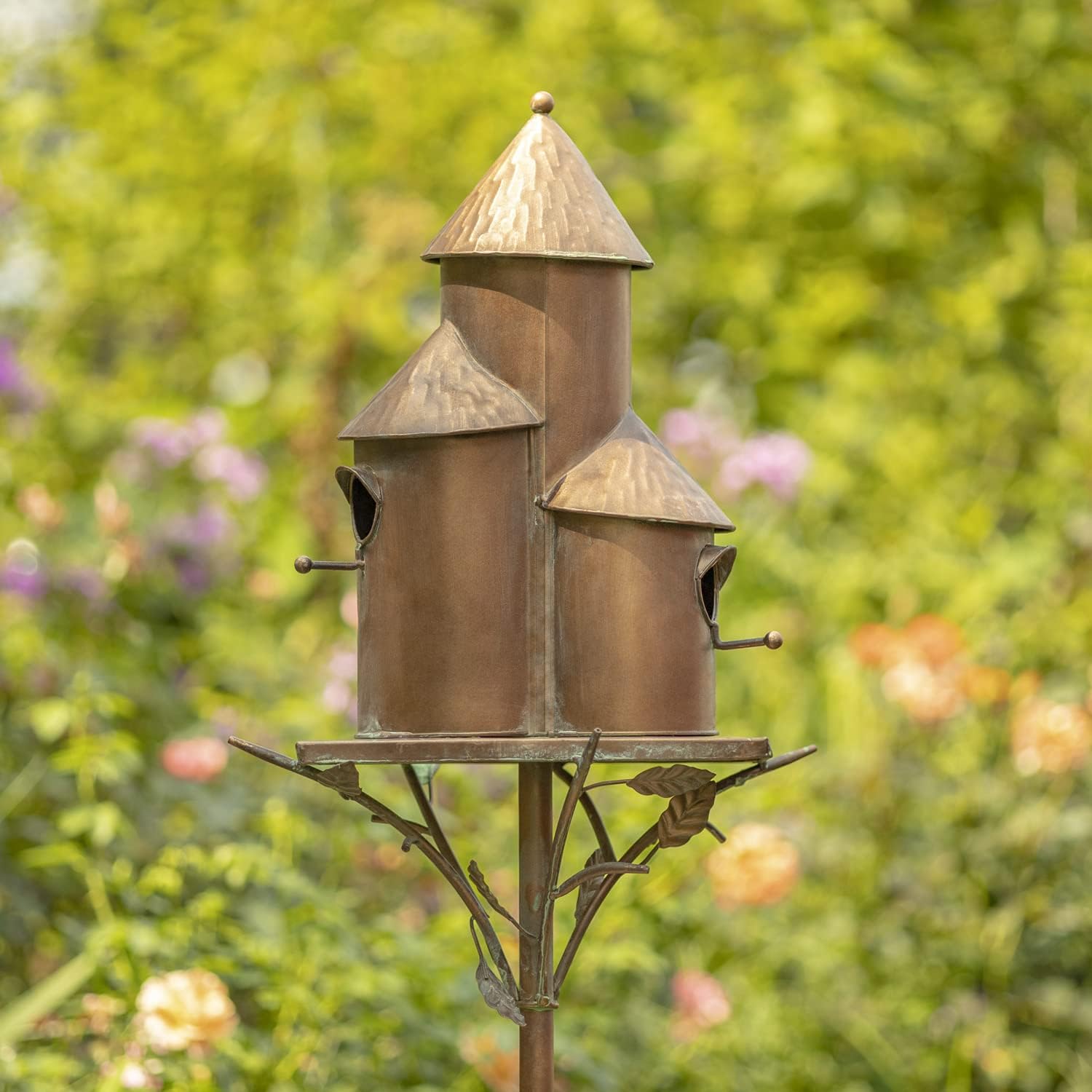 Zaer Ltd. Large Copper Colored Multi-Birdhouse Stakes, Room for 4 Bird Families in Each (Tall Triple Cylinder Homes (Copper Color))