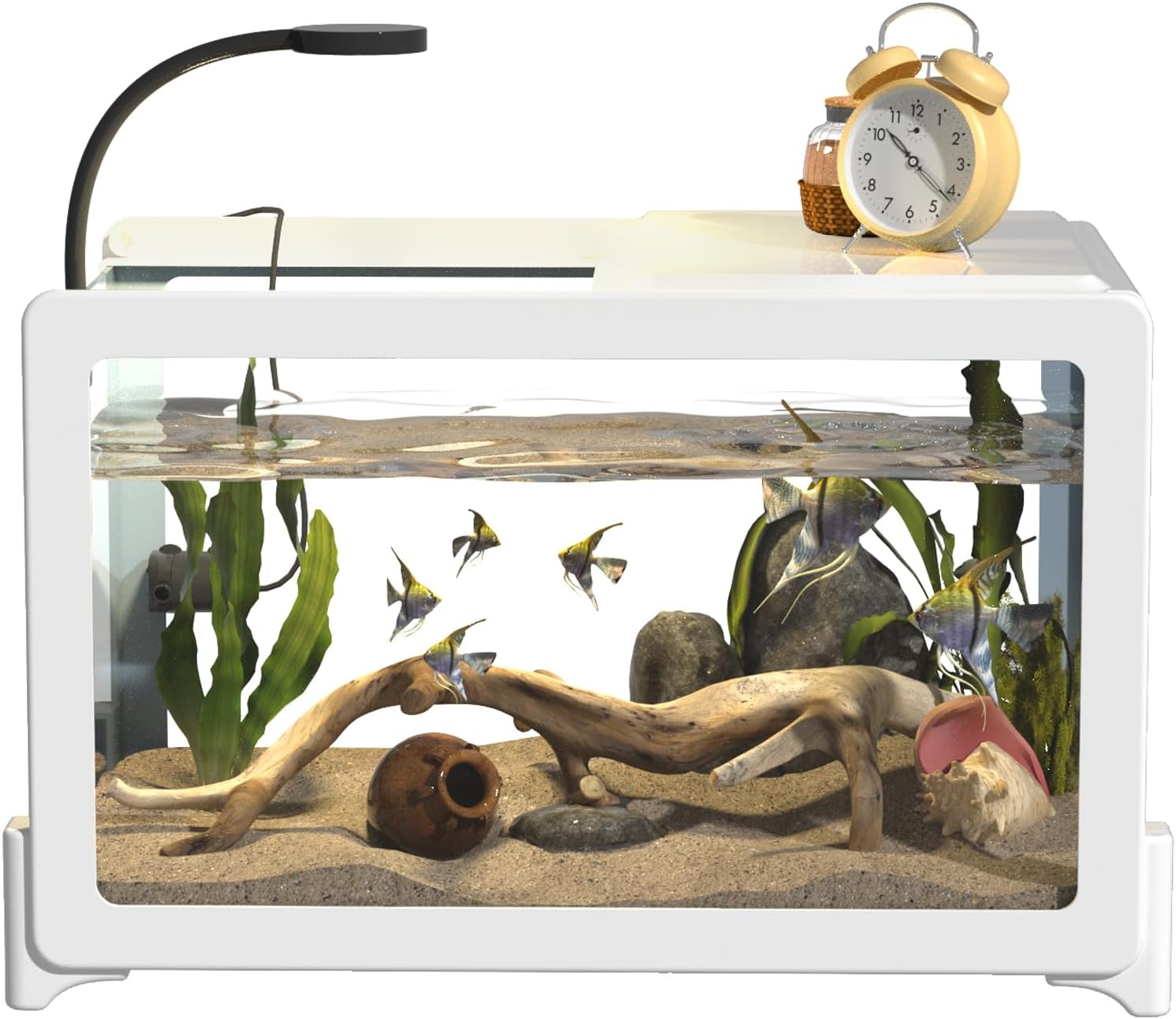 2.6 Gallon Plastic Fish Tank Ultra-Clear Shatterproof Desktop Small Aquarium Filters and Lights Can Be Installed for Betta/Goldfish/Shrimp and Aquatic Planting Fish Bowl (White)