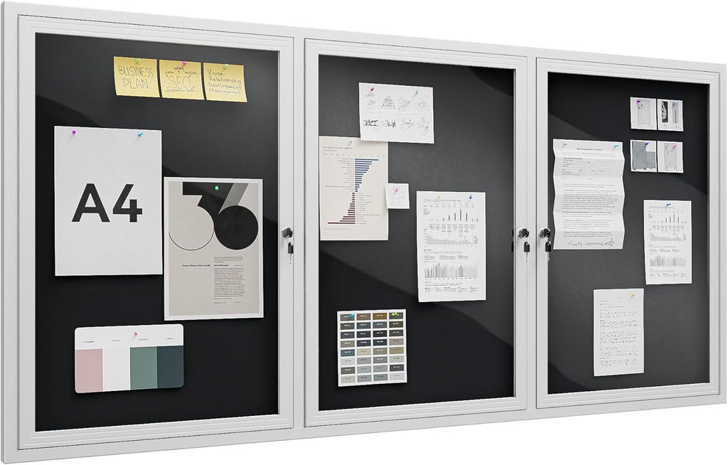 72"x36" Lockable Enclosed Bulletin Board, Outdoor Flet Weather-Resistant Aluminum Frame Notice Board, Wall Mounted Display Case Acrylic Doors for School,Office,Silver Frame w/Black Flet