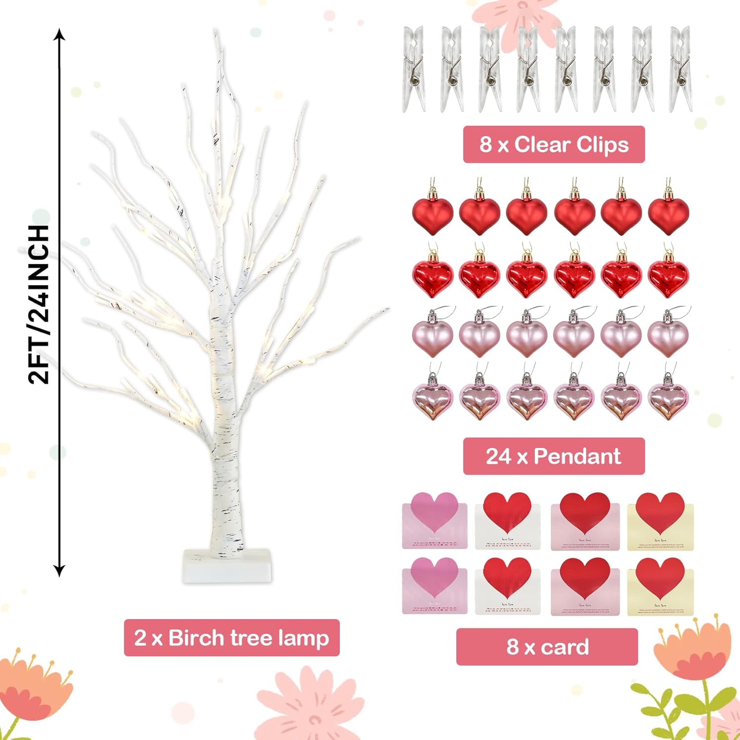 PEIDUO Valentine's Day Decorations, Set of 2 Gift Card Tree with 24 Hanging Heart Ornaments, for Home Indoor Bedroom Anniversary Wedding Party Decor, 6H/18H Timer