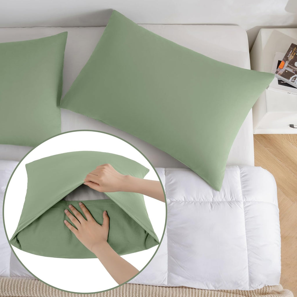 JELLYMONI Pillowcases King Set of 2 Cotton Envelope Pillow Covers Light Green 20×36in Bed Pillow Case 100% Washed Cotton Soft Breathable (Pillows are not Included)