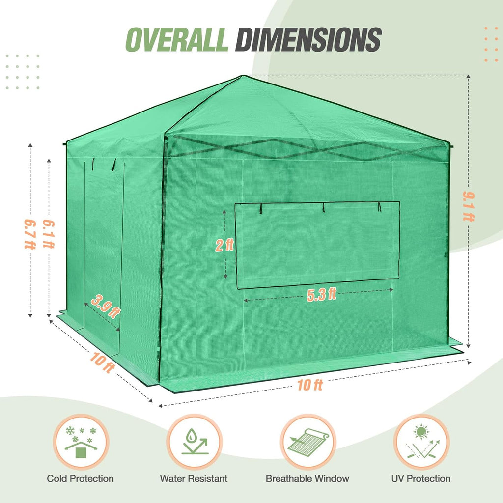 EAGLE PEAK Instant Pop-up Greenhouse, Indoor Outdoor Plant Gardening Green House, Roll-Up Zipper Doors and Side Windows, Walk in 10x10 ft, Green/Clear