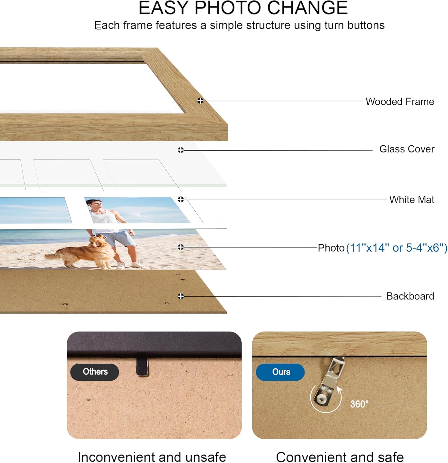 11x14 Picture Frame Set of 2, Natural Oak Wood Frame with Real Glass Collage Picture Frames, Display Pictures Five 4x6 With Mat or 11 x 14 Without Mat, Photo Frames Wall Gallery