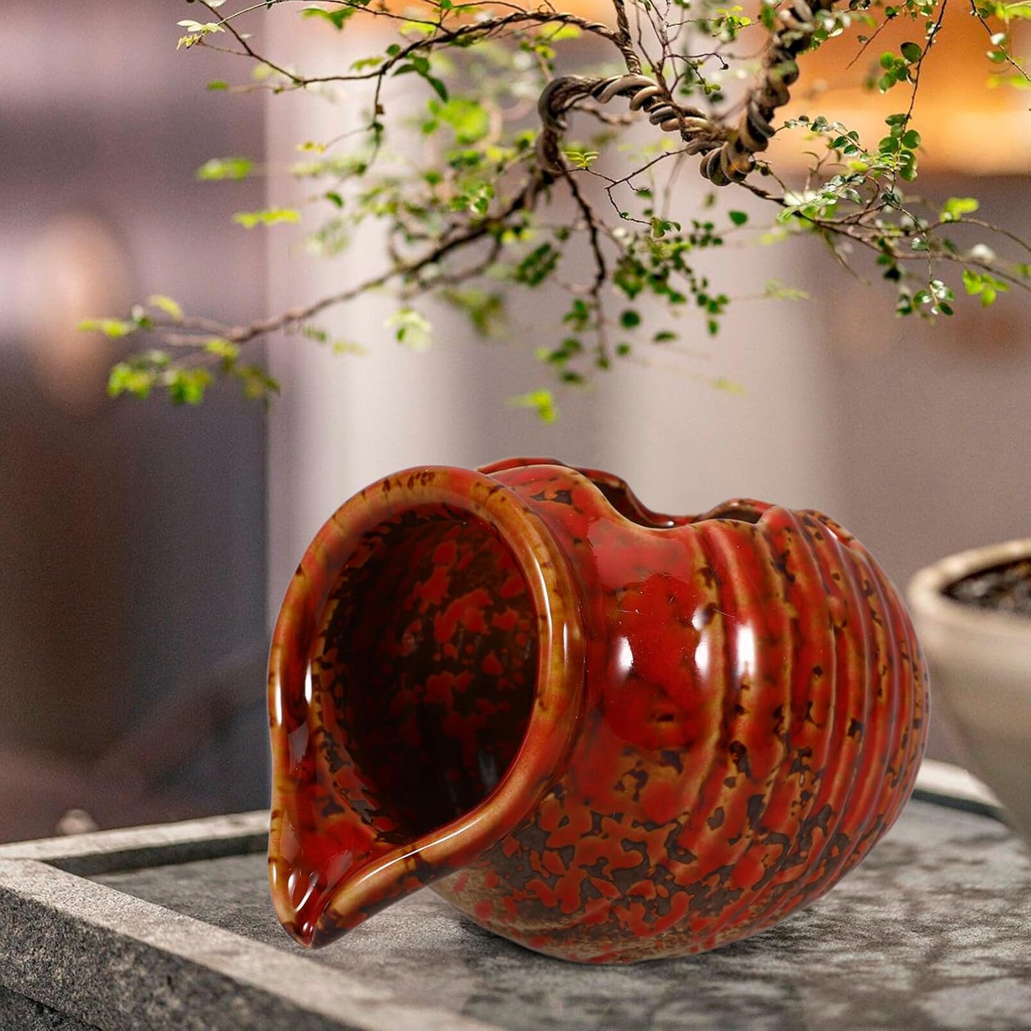 Milisten Circulating Water Clay Pot Circulating Fountain Decor Outdoor Garden Water Fountain Jar Desktop Ornament Aquarium Hideaway Cactus Bowl Red Ceramics
