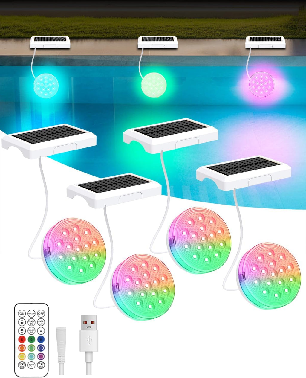 Solar Pool Lights, Rechargeable Submersible LED Lights with Remote, IP68 Waterproof Built-in Magnet Solar Underwater Light for Above Ground/Inground Pools, Pond Decoration(4 Pack)