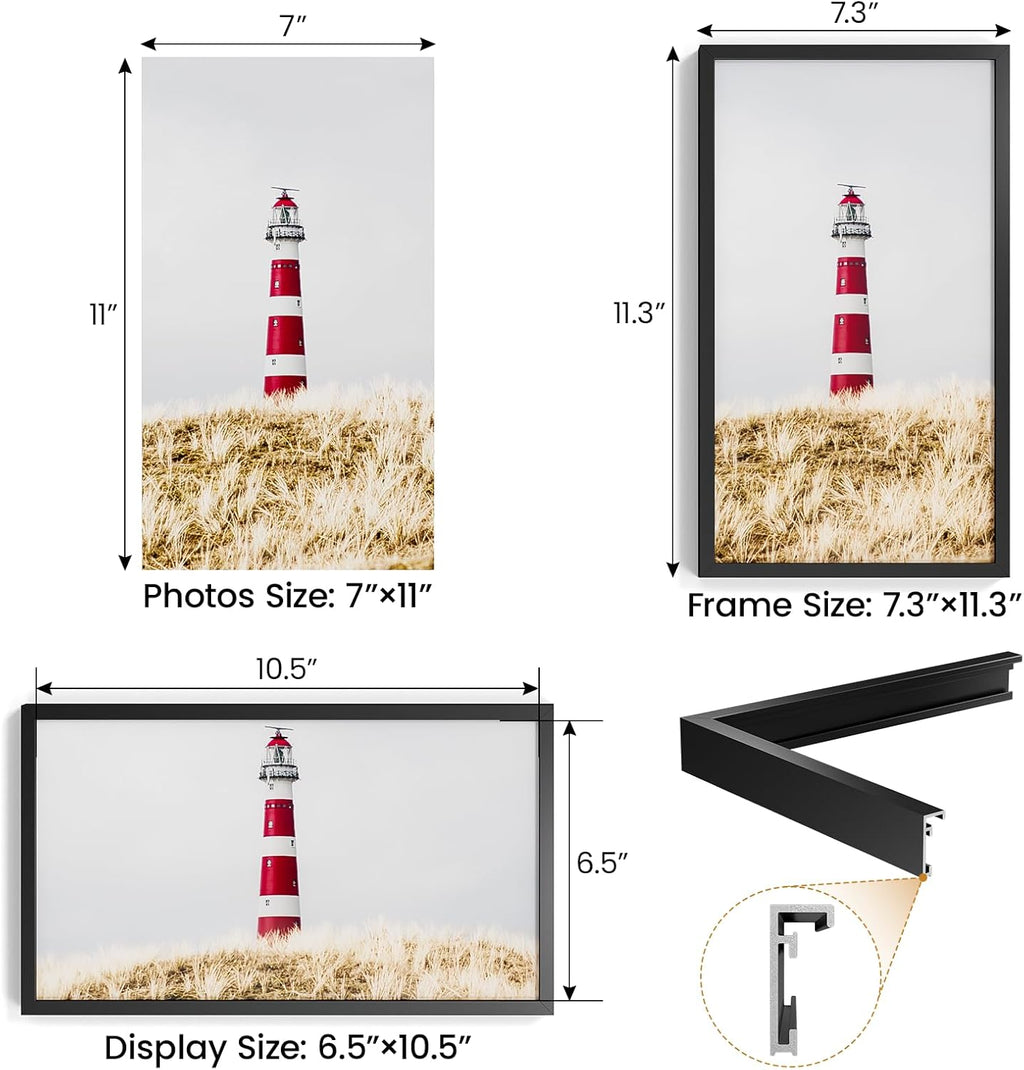 7x11 Aluminum Metal Picture Frame,Tempered Glass Black Photo Frame 7x11 for Family Photo,Posters,Art,Document to Wall Mount Horizontally or Vertically