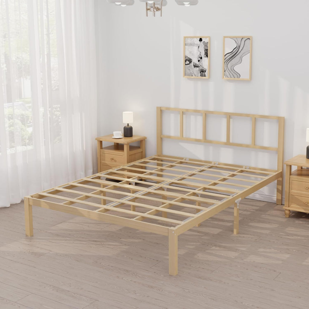14 Inch Bamboo Bed Frame – Queen Size Solid Wood Platform Bed Frame, with Non-Slip Slats for Support, No Box Spring Needed, Easy to Assemble, Noise-Free (Natural with Headboard, Queen)