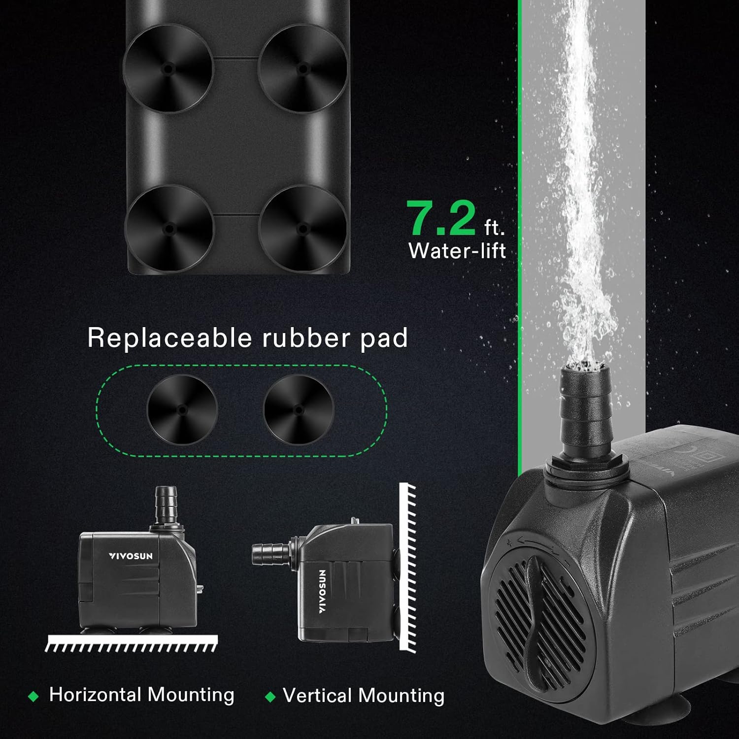 VIVOSUN 480GPH Submersible Pump(1800L/H, 25W), Ultra Quiet Water Pump with 7.2ft High Lift, Fountain Pump with 5ft Power Cord, 3 Nozzles for Fish Tank, Aquarium, Statuary, Hydroponics Black