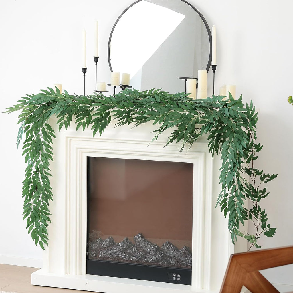 Mizii 2 Strands Artificial Vines Willows Garland 78" Fake Vine Italian Ruscus Silk Green Leaves Faux Hanging Plants Greenery Decoration for Table Centerpieces Home Room Party Wedding Decor (Willows)