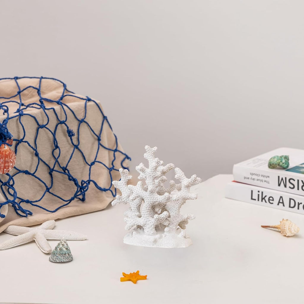 7.1" H White Coral Decor, Resin Statue, Nautical Decorations for Home, Bedroom, Bathroom, Living Room, Beach/Coastal/Ocean Themed Cabinet Shelf Tabletop Decor