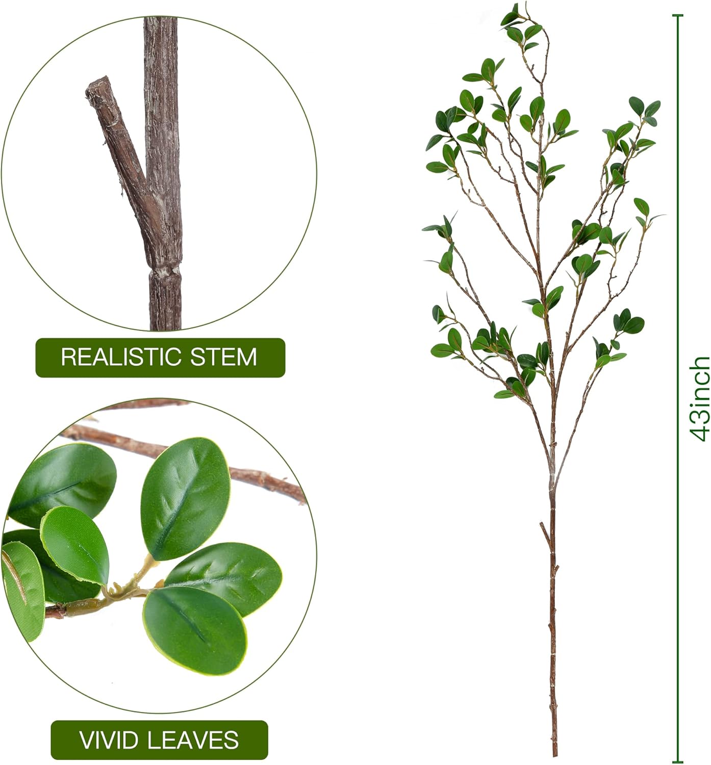 Sggvecsy 43’’ 3Pcs Artificial Ficus Branches Faux Leaf Spray Green Eucalyptus Branches Artificial Greenery Stems Fake Ficus Twig Plants for Home Office Wedding Vase Filler Shop Decoration