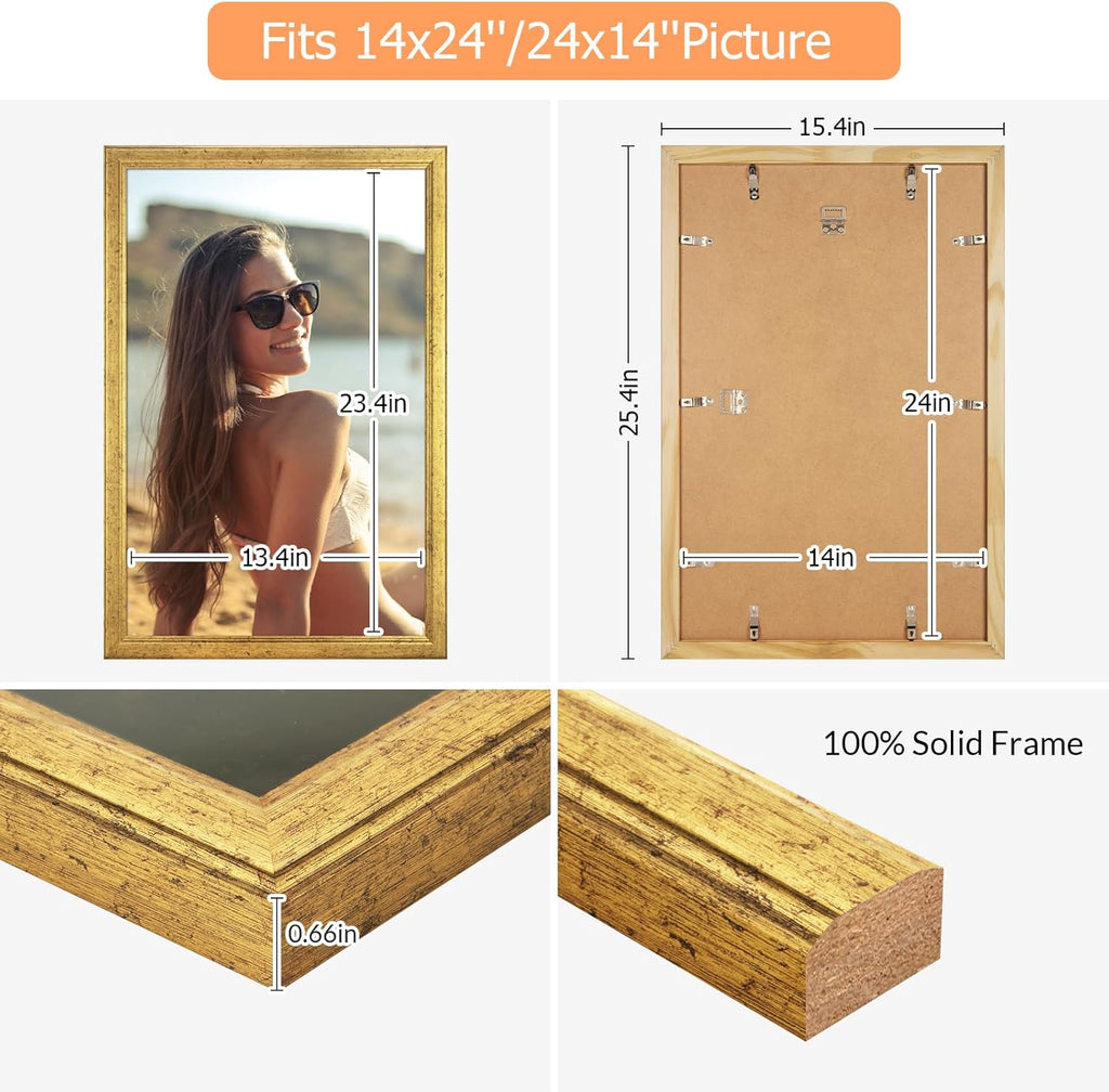Wood 14x24 Frame Gold, Ornate Natural 24x14in Poster Picture Frame, Modern Golden 14 x 24inch Gallery Wall Photo Frame with HD Plexiglass, Horizontal Vertical Wall Mounting Display 1pcs