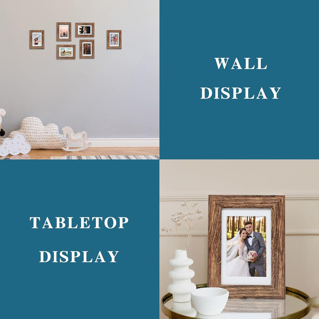 4x6 Picture Frame Set of 4, with Real Glass and Rustic Brown Wooden Frame, 4 by 6 Photo for Wall or Tabletop - Display Picture 3.5x5 with Mat or 4x6 Without Mat